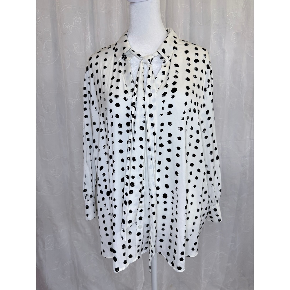 Worthington Petite PXXL White Black Polka Dot Tie Neck Button Down Blouse NWT